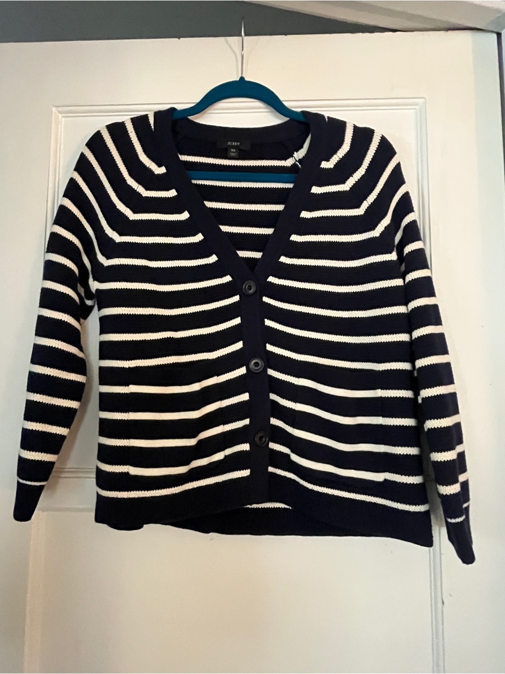 J. Crew Navy and White Striped V-Neck Button Cardigan